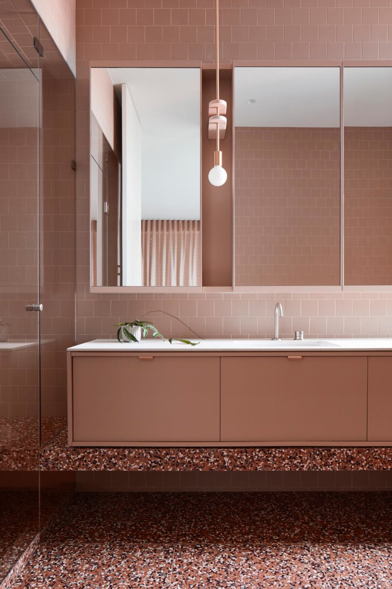 bathroom design using Signorino terrazzo tiles and pink wall tiles