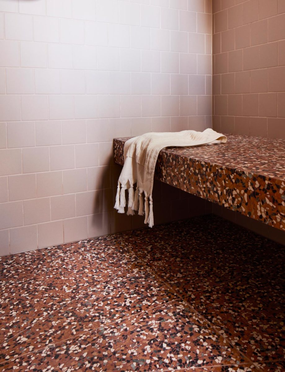 Shower seat made using red Terrazzo tiles from Signorino